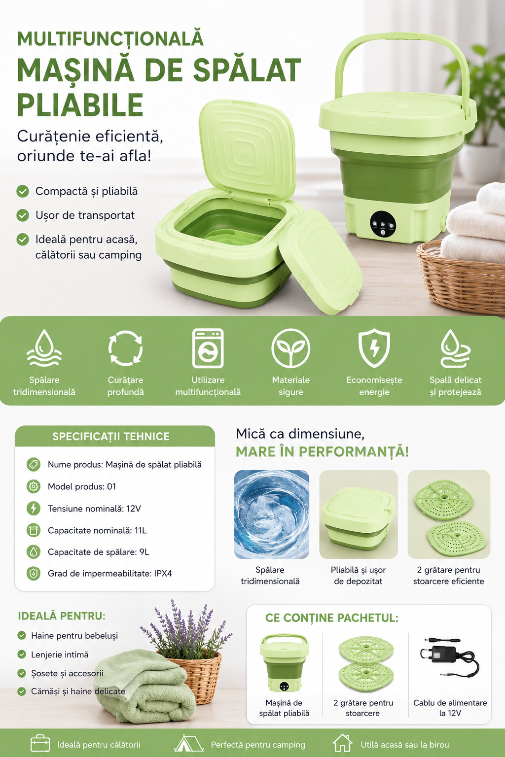 Mașină de Spălat Pliabilă Portabilă Hozro – 9L, 12W, Funcție de Stoarcere și 3 Programe HOZRO