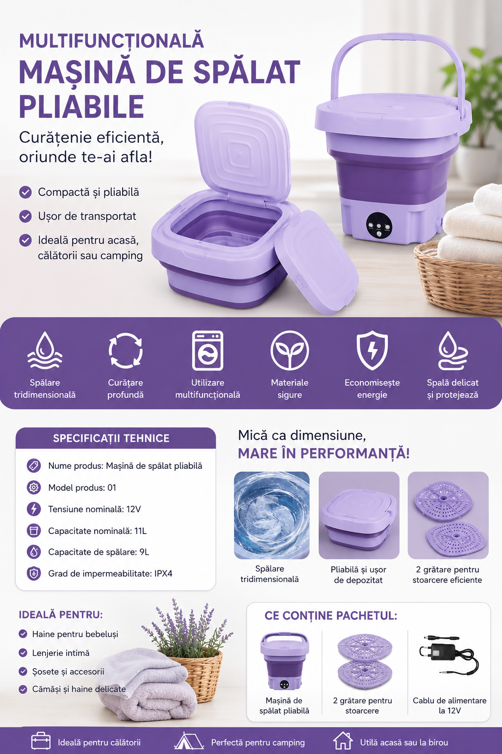 Mașină de Spălat Pliabilă Portabilă Hozro – 9L, 12W, Funcție de Stoarcere și 3 Programe HOZRO