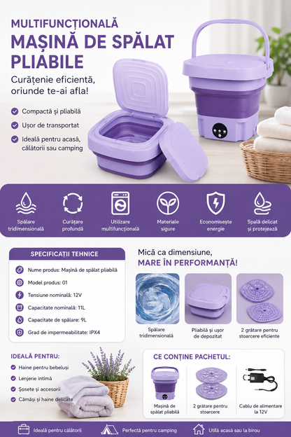 Mașină de Spălat Pliabilă Portabilă Hozro – 9L, 12W, Funcție de Stoarcere și 3 Programe HOZRO