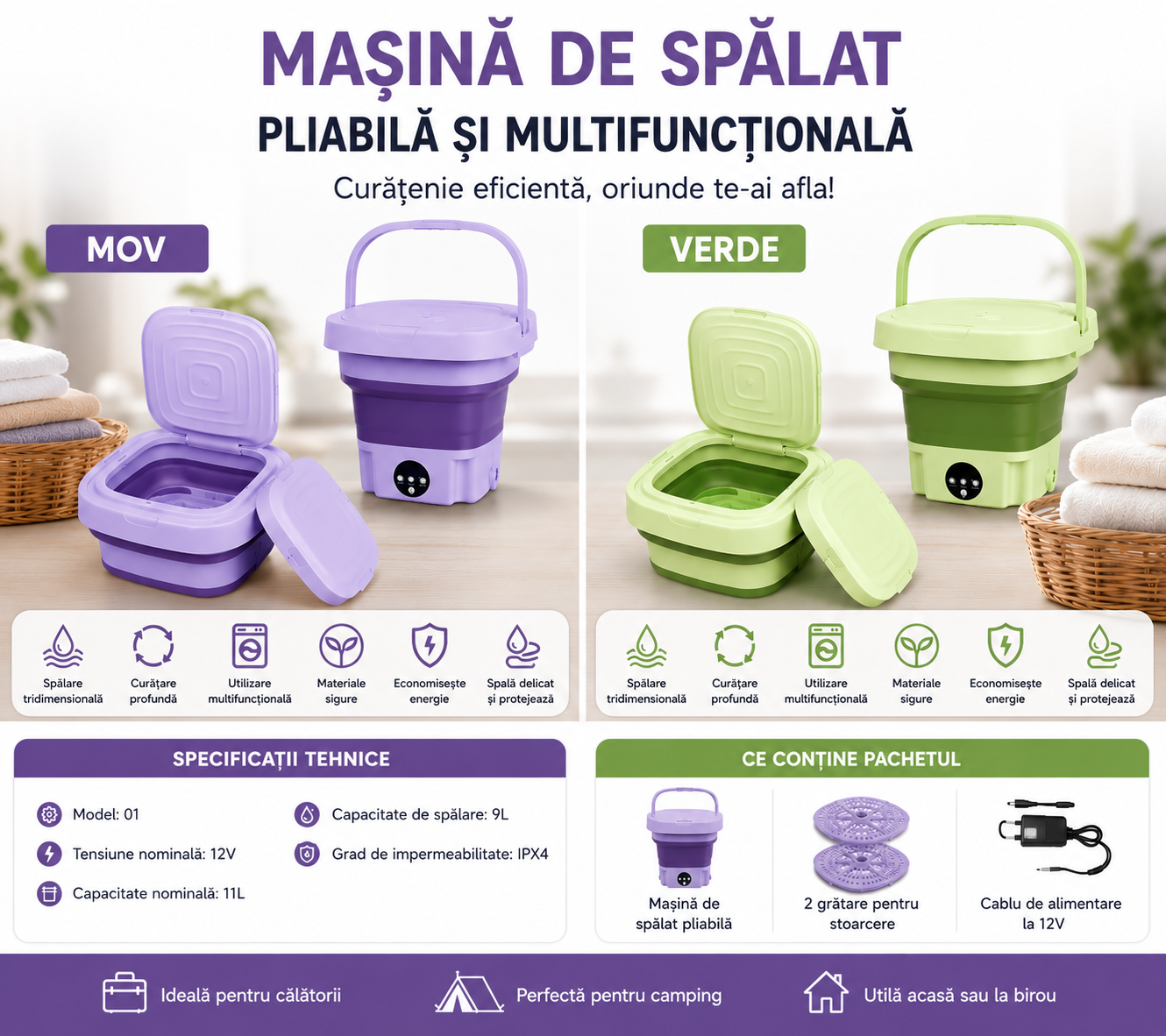 Mașină de Spălat Pliabilă Portabilă Hozro – 9L, 12W, Funcție de Stoarcere și 3 Programe HOZRO