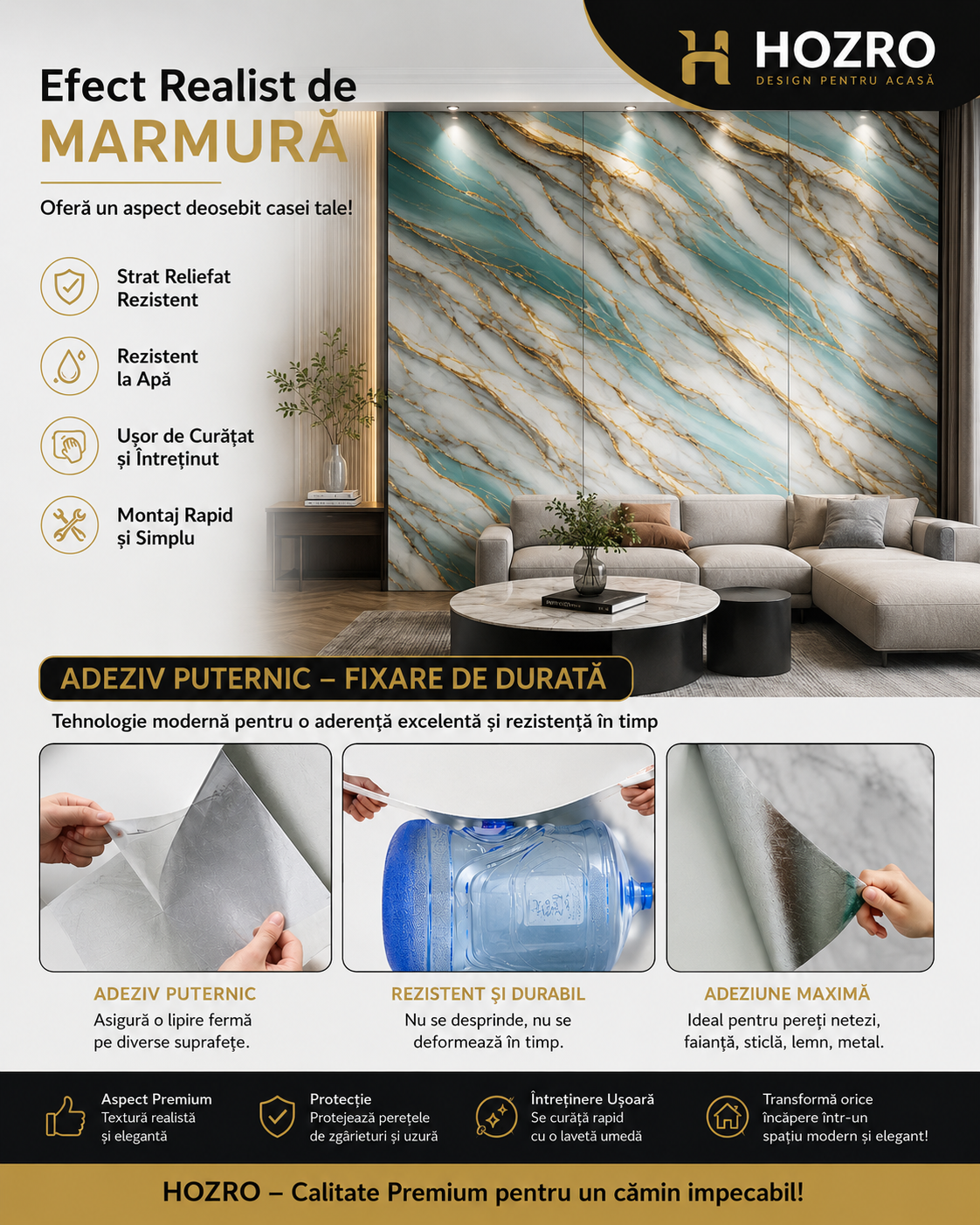 Tapet Autocolant Premium 3D HOZRO – Aspect de Marmură Verde/Gold, 3 x 1.2 m (3.6 mp)- 605-4 HOZRO