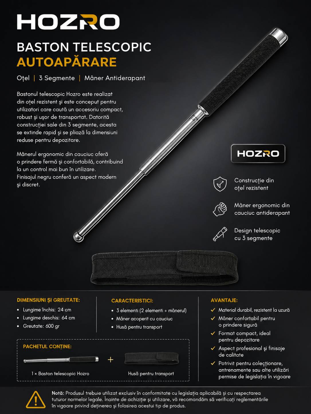 Baston telescopic 64 cm Hozro® din otel inoxidabil cu 3 Elementi cu maner antialunecare si mecanism extensibil design compact si rezistent Gri HOZRO