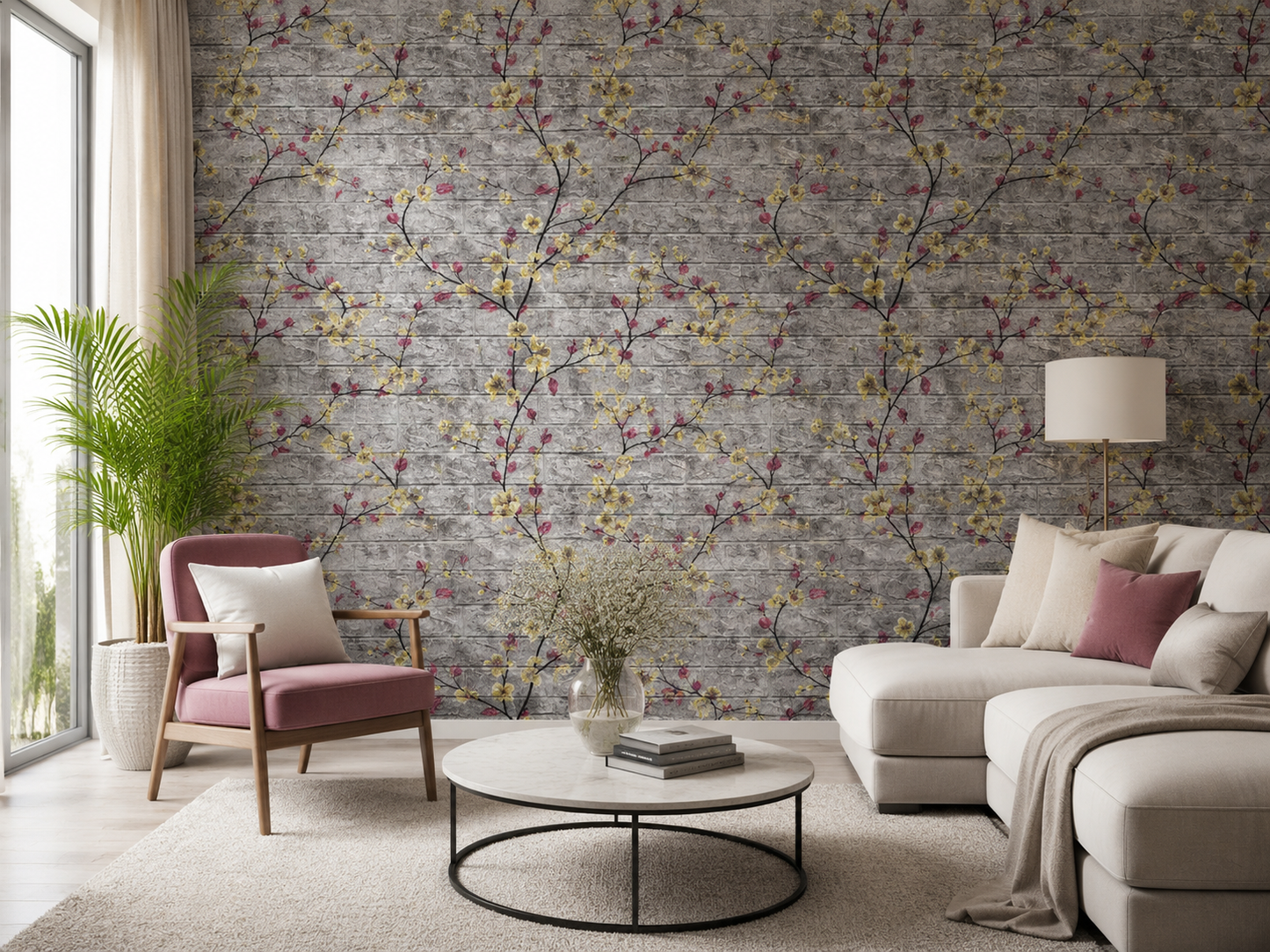 Tapet 3D Decorativ autoadeziv HOZRO, Model Vesel Floral Gri/Galben, perete/tavan, waterproof, usor de montat, design modern, 70x70 cm, alb, TAPET 112\ HOZRO