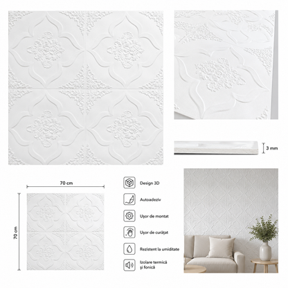 Tapet 3D autoadeziv HOZRO, Model Decorativ Floral, perete/tavan, waterproof, usor de montat, design modern, 70x70 cm, alb, TAPET 10 HOZRO
