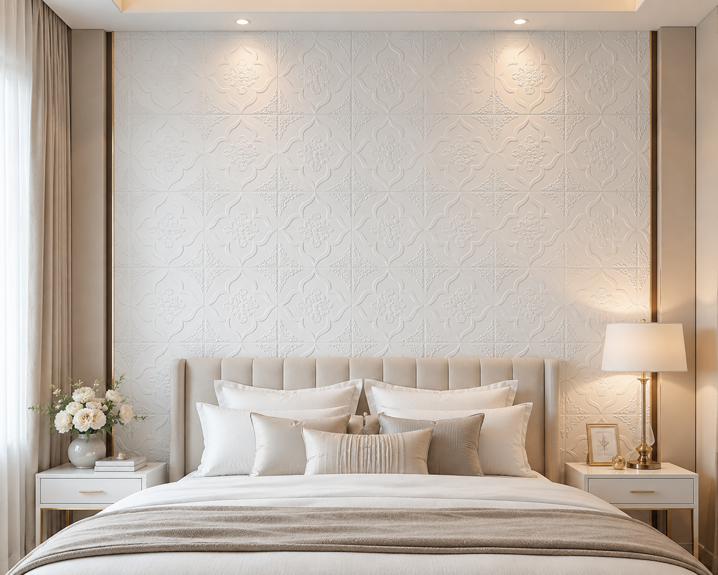 Tapet 3D autoadeziv HOZRO, Model Decorativ Floral, perete/tavan, waterproof, usor de montat, design modern, 70x70 cm, alb, TAPET 10 HOZRO