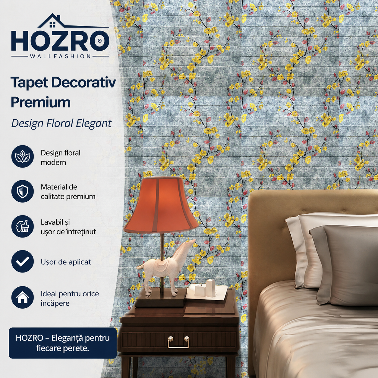 Tapet 3D Decorativ autoadeziv HOZRO, Model Vesel Floral, perete/tavan, waterproof, usor de montat, design modern, 70x70 cm, alb, TAPET 112 HOZRO