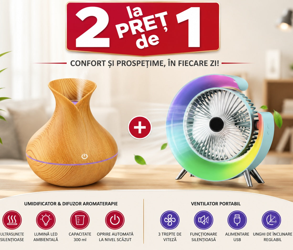 🔥 Pachet 1+1 HOZRO Confort Total: Mini Aer Condiționat + Difuzor Aromaterapie Premium, USB, Ultra-Silențioase HOZRO