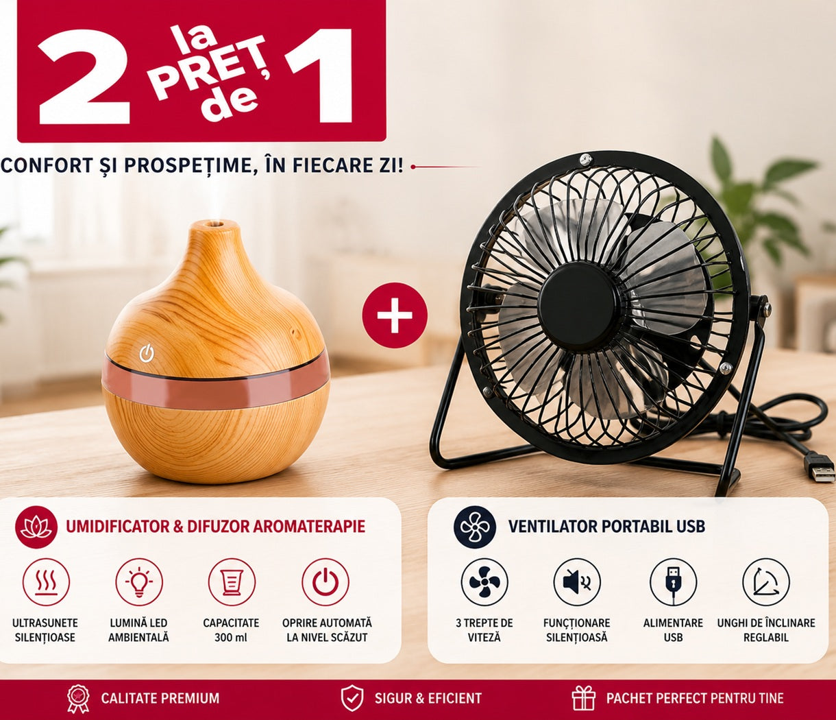 🌬️ Pachet Promo 1+1 HOZRO: Mini Ventilator USB + Umidificator cu Aromaterapie și Lampă de Noapte HOZRO