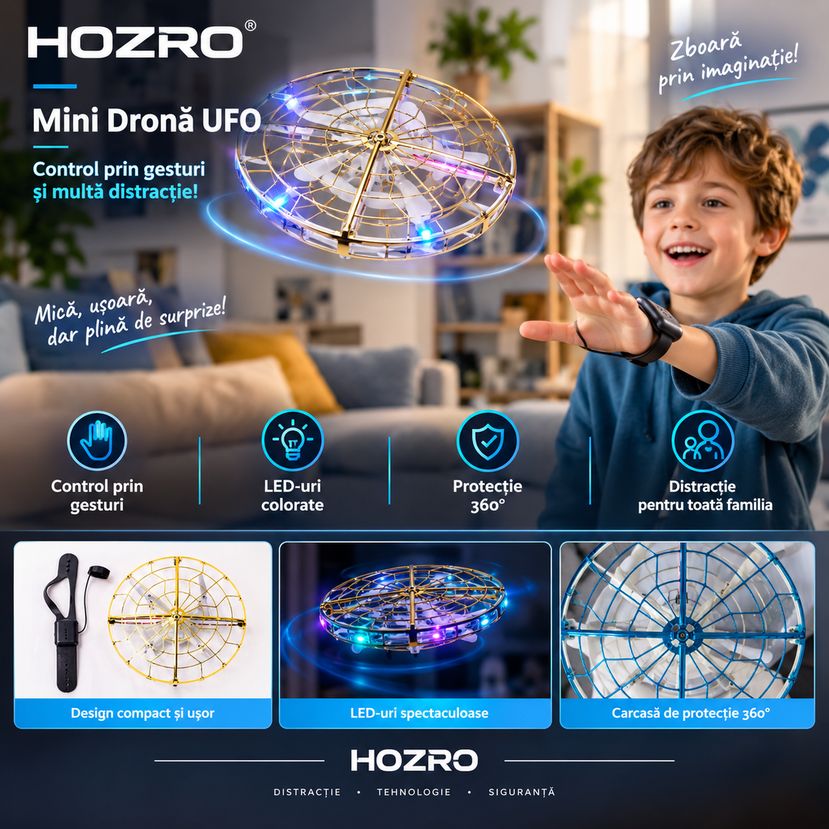 Mini dronă UFO Gold cu lumină LED și control prin gesturi – Distracție și tehnologie în palmă HOZRO