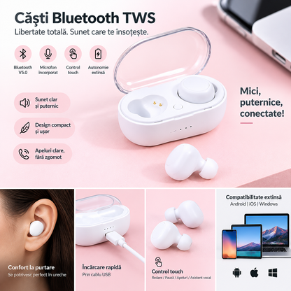 🎧 Căști Bluetooth TWS Wireless Hozro – Libertate Fără Fir și Sunet Puternic HD, TWS-02 Alb HOZRO