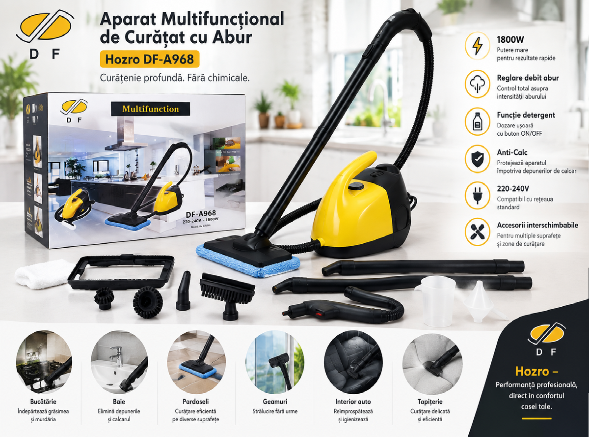 🧼Aparat de Curățat cu Abur Hozro DF-A968, 1800W, Multifuncțional, Reglare Abur, Funcție Detergent, Anti-Calc, 220-240V HOZRO