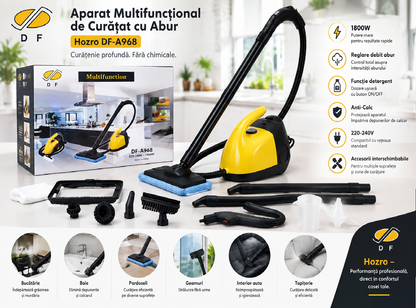 🧼Aparat de Curățat cu Abur Hozro DF-A968, 1800W, Multifuncțional, Reglare Abur, Funcție Detergent, Anti-Calc, 220-240V HOZRO