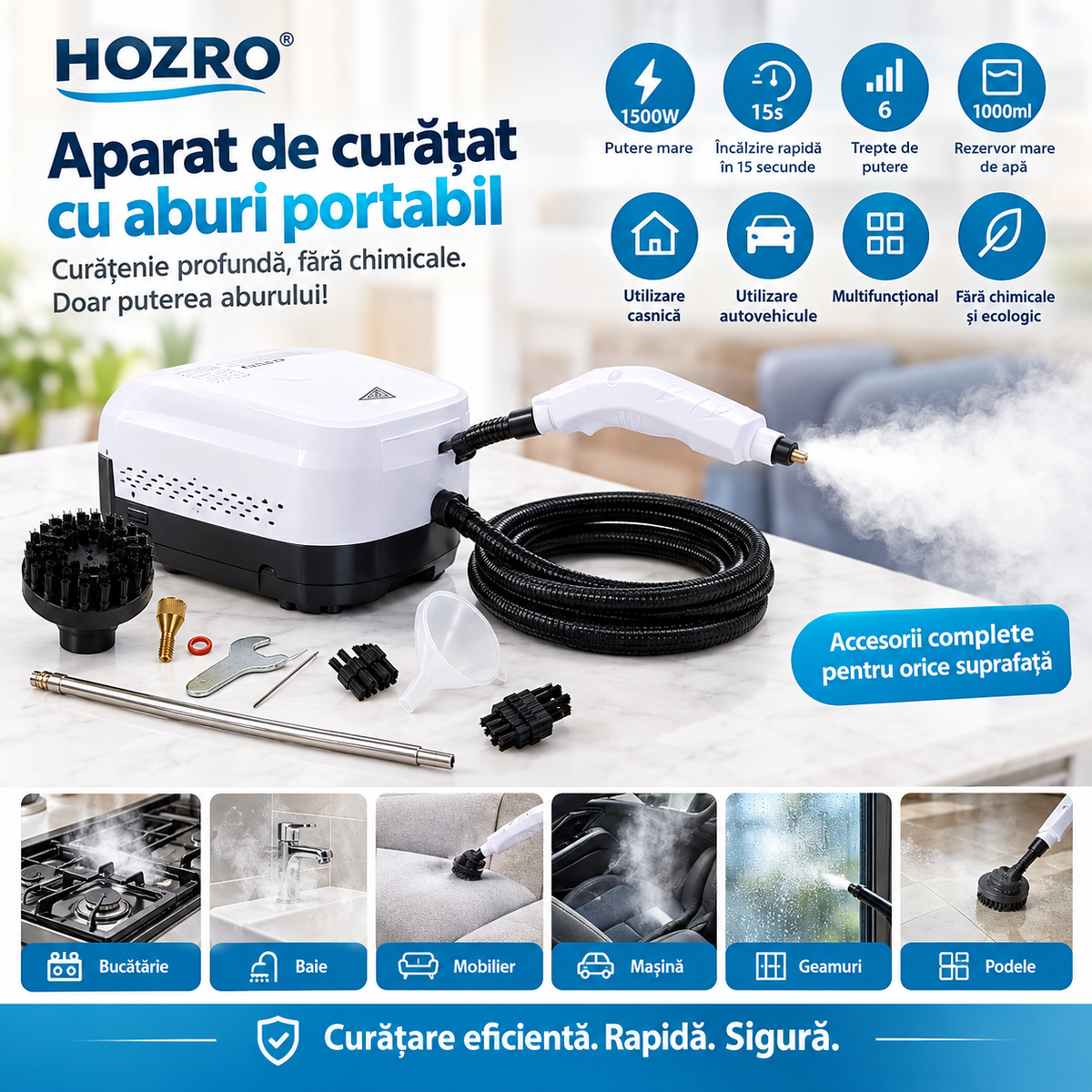 Aparat de Curățat cu Aburi Portabil Hozro XBS-002, 1500W, Rezervor 1000ml, Încălzire Rapidă 15s, 6 Trepte de Putere, Multifuncțional pentru Casă și Auto HOZRO