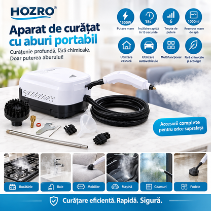 Aparat de Curățat cu Aburi Portabil Hozro XBS-002, 1500W, Rezervor 1000ml, Încălzire Rapidă 15s, 6 Trepte de Putere, Multifuncțional pentru Casă și Auto HOZRO