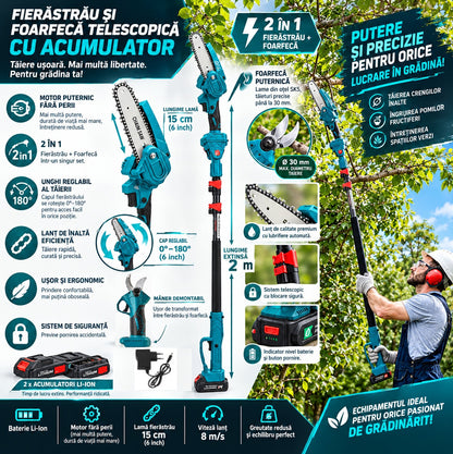 Set 2-în-1 Drujbă si Foarfeca Electrică portabilă HOZRO, fără fir,  2 acumulatori reîncărcabili, ideal pentru tăiere lemn, crengi, pomi și lucrări gospodărești eficiente HOZRO