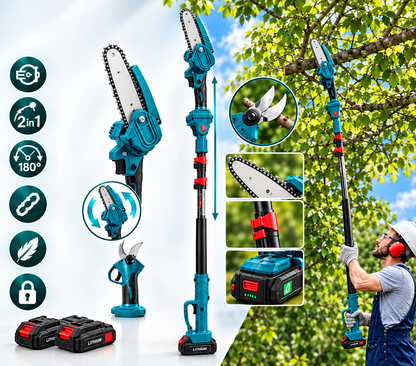 Set 2-în-1 Drujbă si Foarfeca Electrică portabilă HOZRO, fără fir,  2 acumulatori reîncărcabili, ideal pentru tăiere lemn, crengi, pomi și lucrări gospodărești eficiente HOZRO