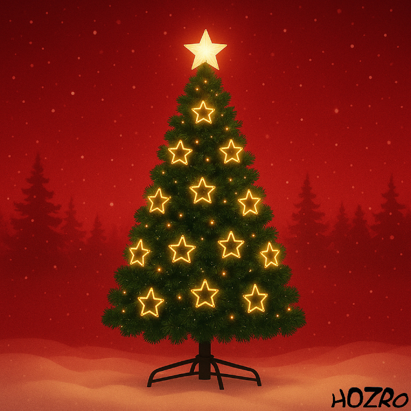 Brad artificial premium de Crăciun HOZRO, cu iluminat LED cald în formă de stele decorative, stea luminoasă în vârf și suport metalic rezistent inclus – aspect realist, ramuri dese și design elegant pentru sărbători magice și festive în familie 🎄 HOZRO