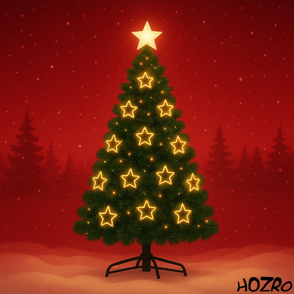 Brad artificial premium de Crăciun HOZRO, cu iluminat LED cald în formă de stele decorative, stea luminoasă în vârf și suport metalic rezistent inclus – aspect realist, ramuri dese și design elegant pentru sărbători magice și festive în familie 🎄 HOZRO