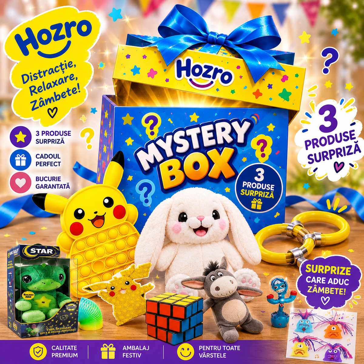 Mystery Box Premium pentru Copii - Cutie Cadou Surpriză Unisex, 3 Jucării Interactive, Logice și Antistres, Dezvoltare Senzorială și Distracție, Multicolor HOZRO