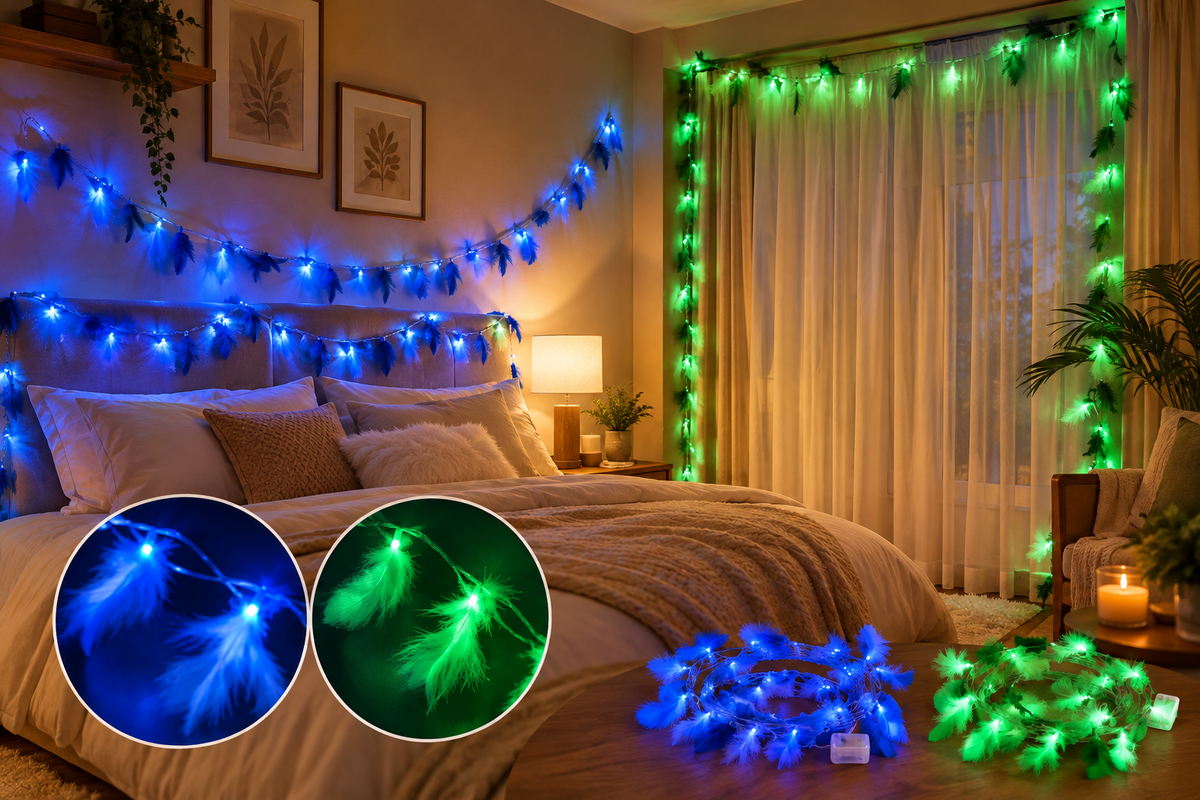🪶 Instalație Decorativă Premium Hozro – 20 LED-uri cu Pene, 3.5m, Albastru sau Verde Magic HOZRO