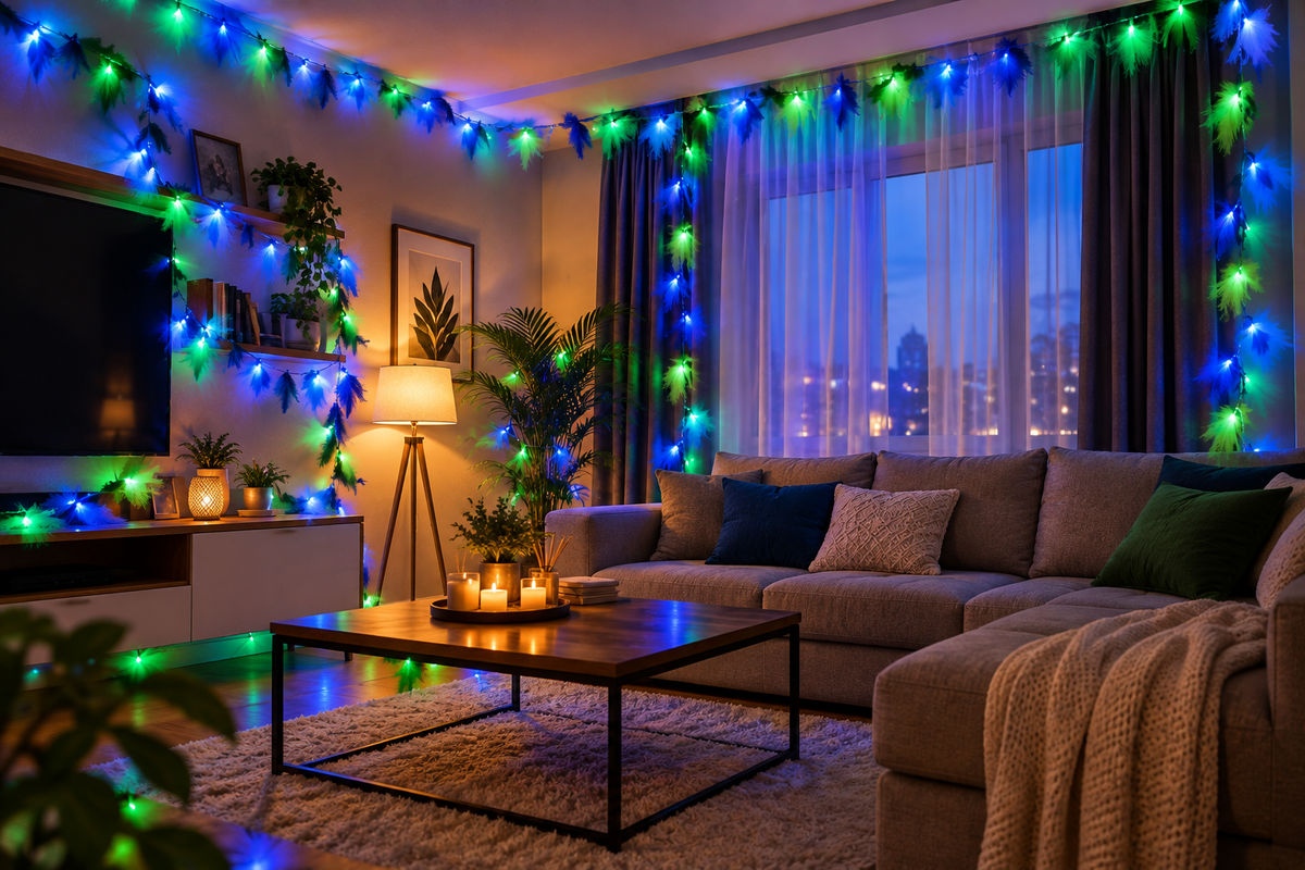 🪶 Instalație Decorativă Premium Hozro – 20 LED-uri cu Pene, 3.5m, Albastru sau Verde Magic HOZRO