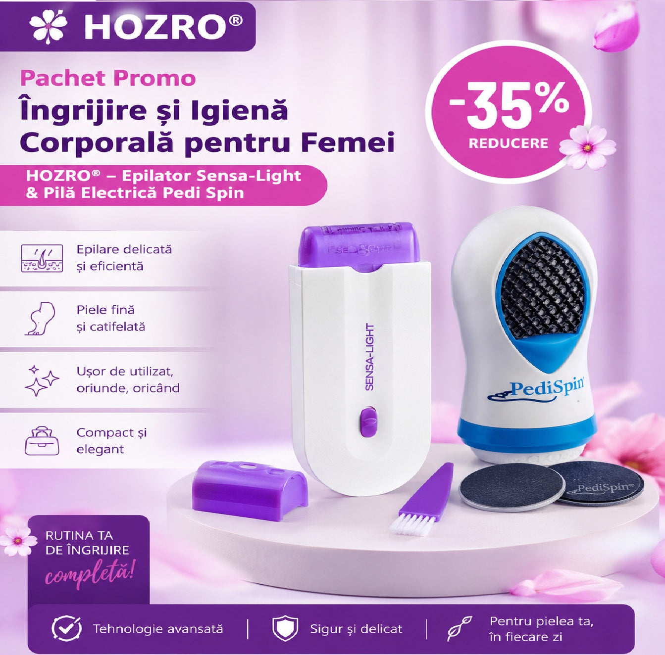 🌸 Pachet Promo Îngrijire și Igienă Corporală pentru Femei HOZRO® – Epilator Sensa-Light &amp; Pilă Electrică Pedi Spin HOZRO