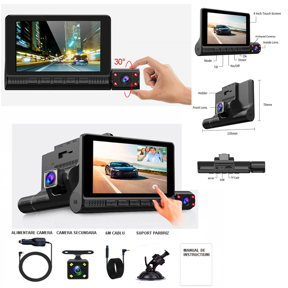Camera auto tripla HOZRO®, Full HD 1080P, monitor 4inch TOUCHSCREEN, bord+habitaclu+spate, rezolutie ultra, 170 grade unghi extra-larg de filmare, senzor G, vedere nocturna, Functie Foto HOZRO