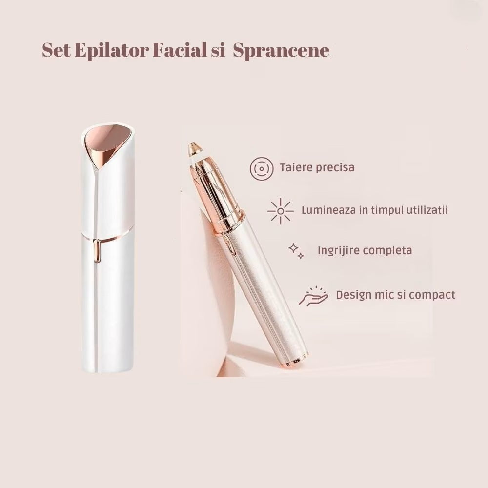 🌸 Set Epilator Facial și Epilator Sprâncene HOZRO® – Epilare Fără Durere, Încărcare USB, Design Portabil tip Ruj HOZRO