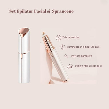 🌸 Set Epilator Facial și Epilator Sprâncene HOZRO® – Epilare Fără Durere, Încărcare USB, Design Portabil tip Ruj HOZRO