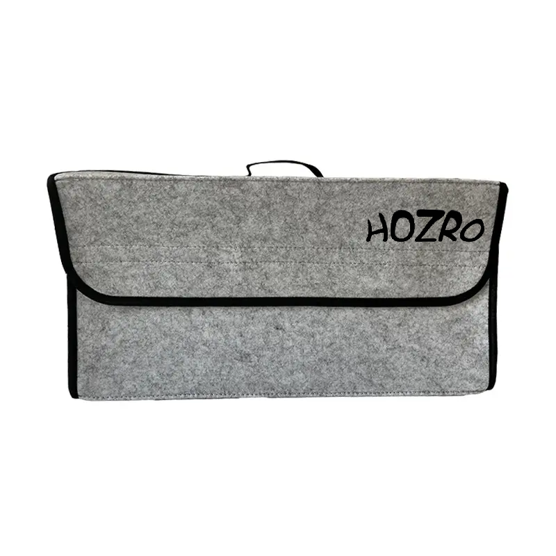 Geantă organizator auto HOZRO, din pâslă, model pliabil, multifuncțională, cu închidere tip clapetă și mâner – ideală pentru portbagaj, depozitare documente, unelte sau accesorii auto, design modern, culoare gri cu margini negre HOZRO