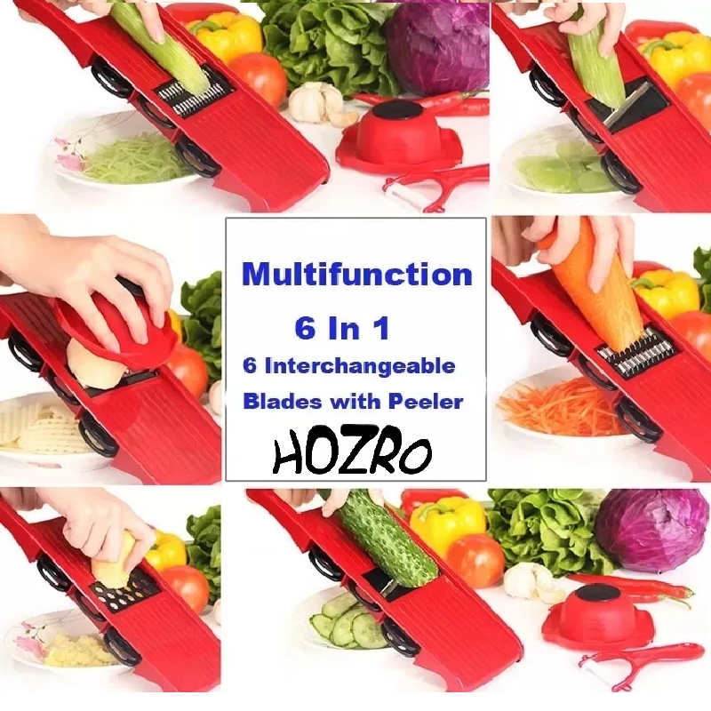 Răzătoare Multifuncțională HOZRO, Nicer Dicer Roșu – Set de Bucătărie cu Lame Ascuțite din Oțel Inoxidabil, Recipient Inclus, Accesorii pentru Tăiere, Felii, Cuburi și Julienne, Ideală pentru Legume, Fructe și Brânzeturi HOZRO