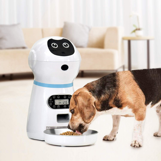 Dispenser automat de hrana pentru caini si pisici HOZRO, capacitate 3.5L, programabil cu functie de inregistrare vocala, bol din inox si senzor infrarosu pentru distribuire exacta a hranei, alb HOZRO