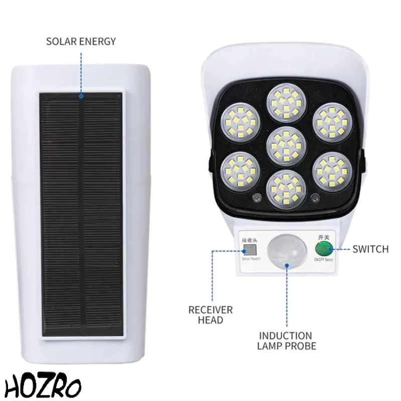 Lampa solara de perete HOZRO, JLP-2178 cu senzor de miscare, 77 LED SMD, telecomanda, incarcare solara si carcasa rezistenta la intemperii HOZRO