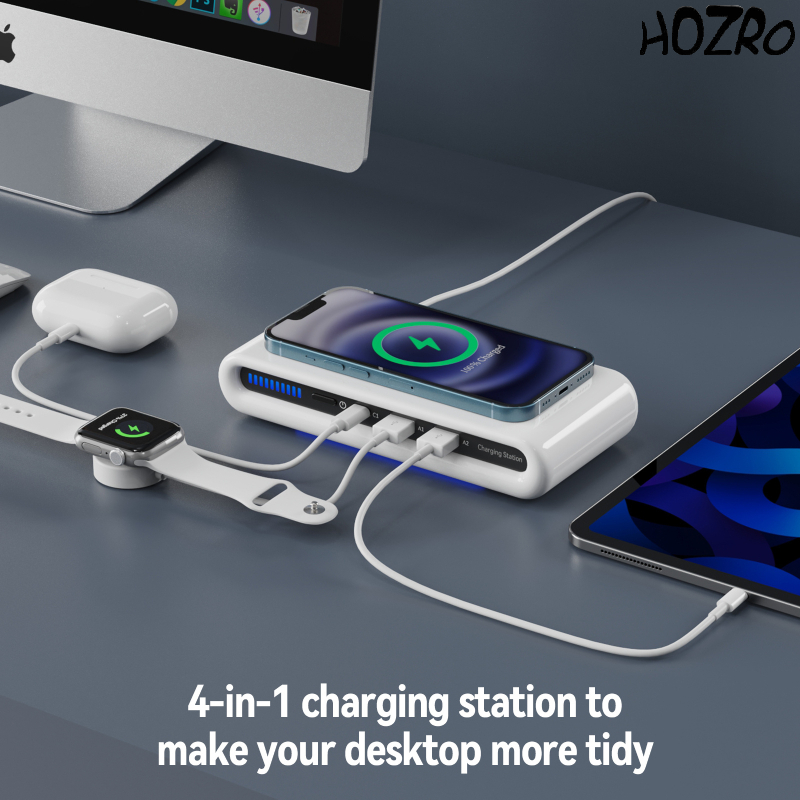 Stație Încărcare Wireless HOZRO, 4 în 1 Alb – Încărcător Rapid pentru Telefon, Smartwatch, Căști și Stylus, Design Elegant și Modern HOZRO