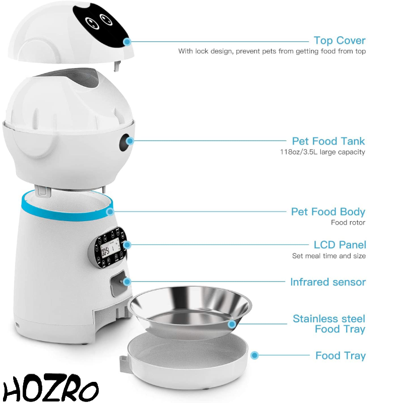 Dispenser automat de hrana pentru caini si pisici HOZRO, capacitate 3.5L, programabil cu functie de inregistrare vocala, bol din inox si senzor infrarosu pentru distribuire exacta a hranei, alb HOZRO