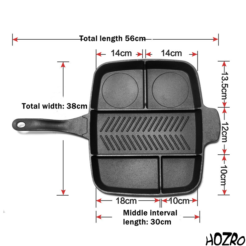Tigaie Grill HOZRO, cu 4 compartimente, antiaderentă, ideală pentru prepararea rapidă și sănătoasă a cărnii, legumelor sau ouălor, pentru micul dejun și mesele zilnice HOZRO