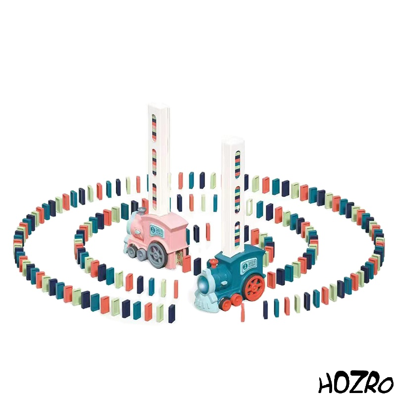 Tren Domino HOZRO, pentru Copii, cu Baterii, Lumini și Muzică, Set de Construcție și Așezare Domino, Jucărie Interactivă și Educativă, Plastic Rezistent, Ideal pentru Creativitate și Distracție HOZRO