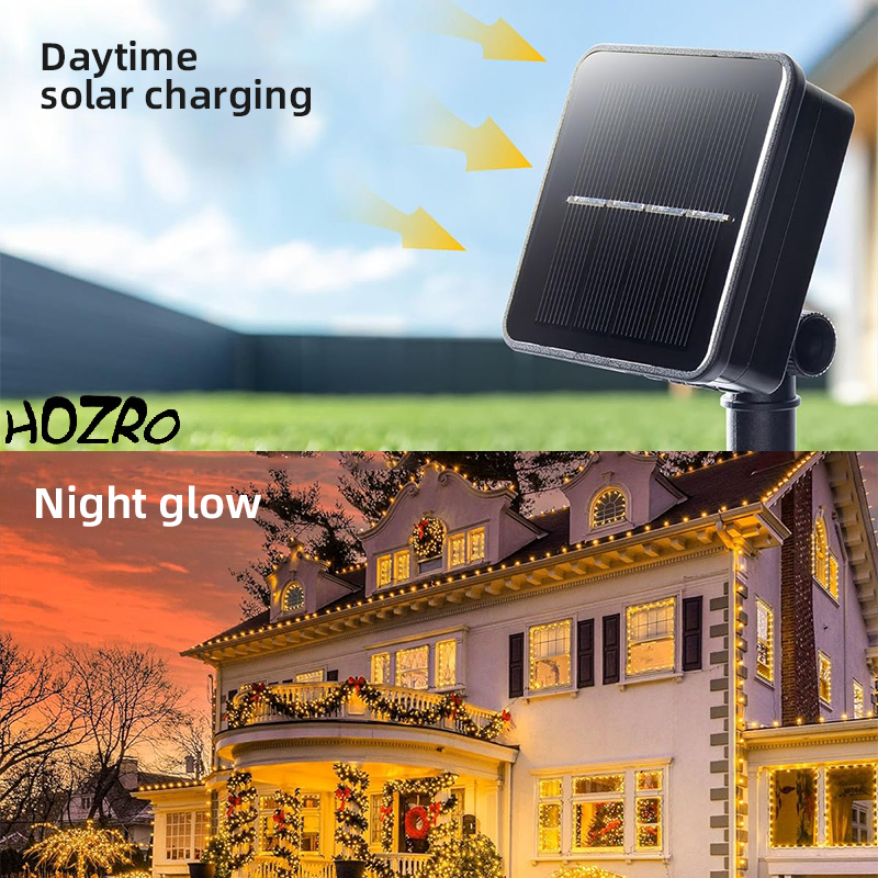 Instalație HOZRO, Pentru Crăciun cu Fir și Panou Solar – Lumini LED Alb Cald, Economice și Rezistente la Exterior HOZRO