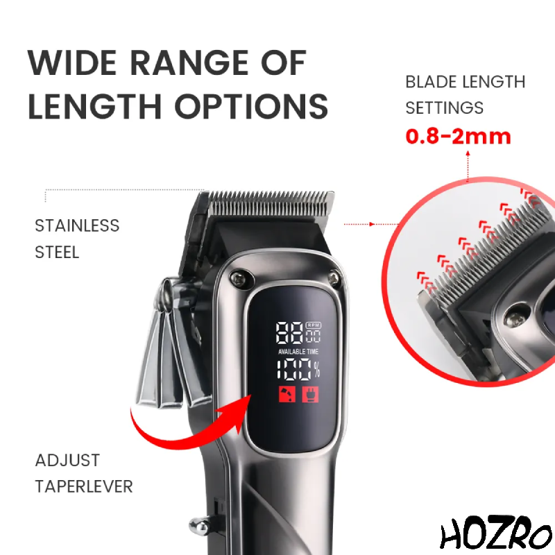 Masina de tuns profesionala HOZRO, cu afisaj digital LED, autonomie ridicata, 2000 mAh, accesorii multiple si lame de precizie pentru o taiere perfecta a parului si a barbii HOZRO