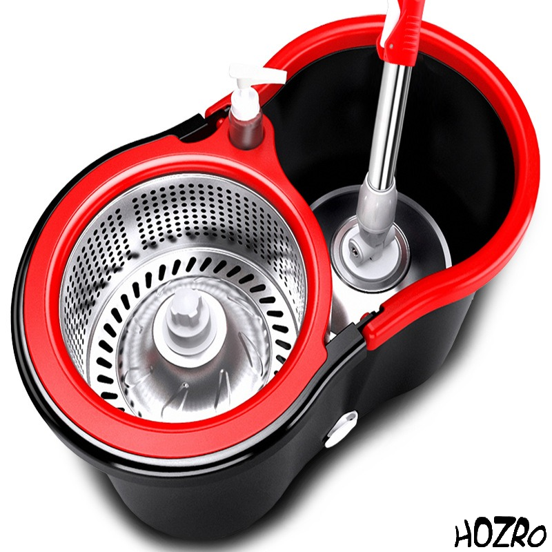Mop Rotativ 360° HOZRO, Spin Turbo, 3 în 1, cu Găleată pe Roti și Două Camere, Rezerve Incluse, Rotor Metalic, Mâner Telescopic, Microfibră, Roșu/Negru, 45x26x21 cm HOZRO