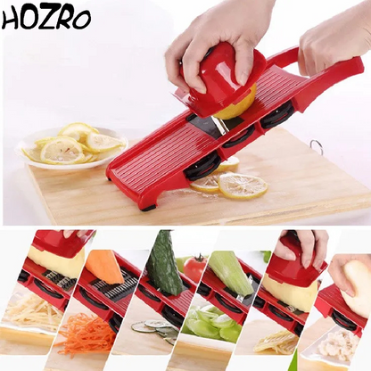 Răzătoare Multifuncțională HOZRO, Nicer Dicer Roșu – Set de Bucătărie cu Lame Ascuțite din Oțel Inoxidabil, Recipient Inclus, Accesorii pentru Tăiere, Felii, Cuburi și Julienne, Ideală pentru Legume, Fructe și Brânzeturi HOZRO