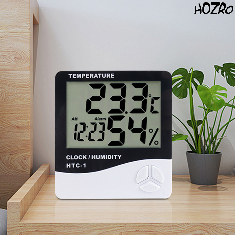 Termometru și Higrometru Digital HTC-1 HOZRO, cu Ecran LCD Mare, Funcție Ceas și Calendar, Alarmă Integrată, Afișare Temperatură și Umiditate cu Memorie MAX/MIN, Montaj pe Perete sau Birou, Ideal pentru Casă, Birou, Depozite și Camere de Bebeluşi HOZRO