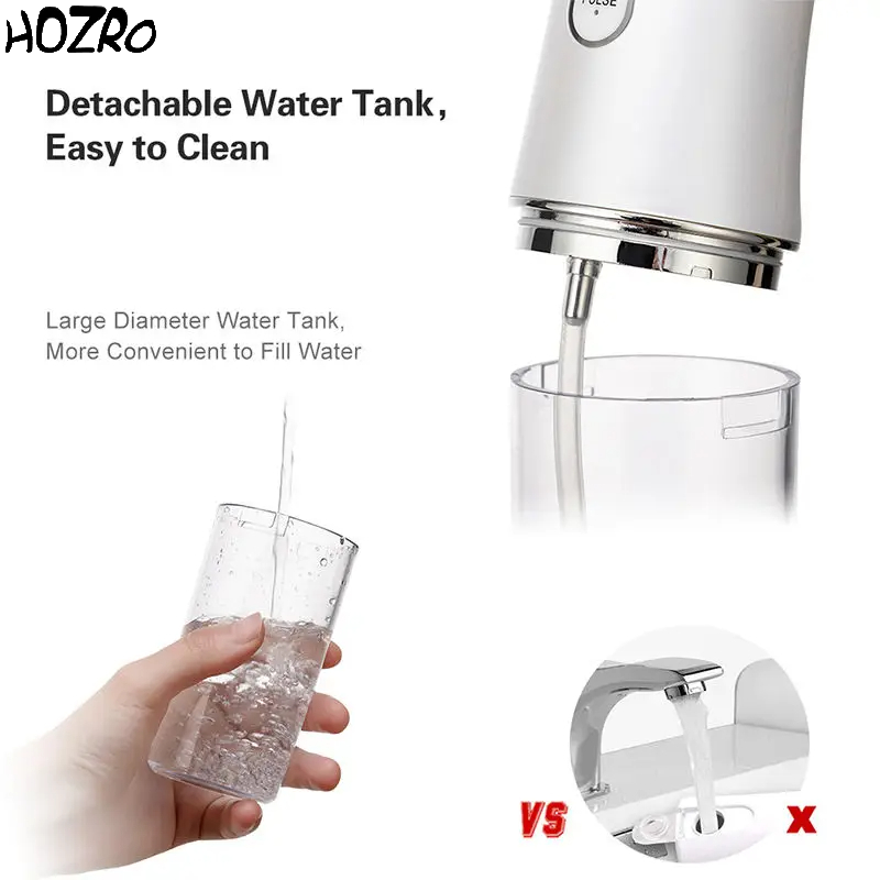 Irigator Bucal Portabil HOZRO, 3 Moduri de Intensitate, Rezistent la Apă, 220ml, Compact și Ușor de Folosit – Curățare Eficientă și Practică a Dinților și Gingiei HOZRO