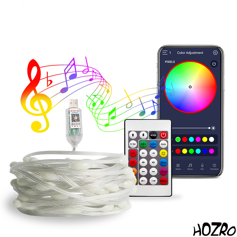 Instalatie Luminoasă Smart RGB HOZRO, Pentru Brad, 10M cu 100 LED-uri, Control prin Aplicație QR, Alimentare USB, 7 Culori și Efecte Multiple – Iluminare Decorativă Inteligentă pentru Crăciun, Dormitor, Terasă sau Evenimente HOZRO