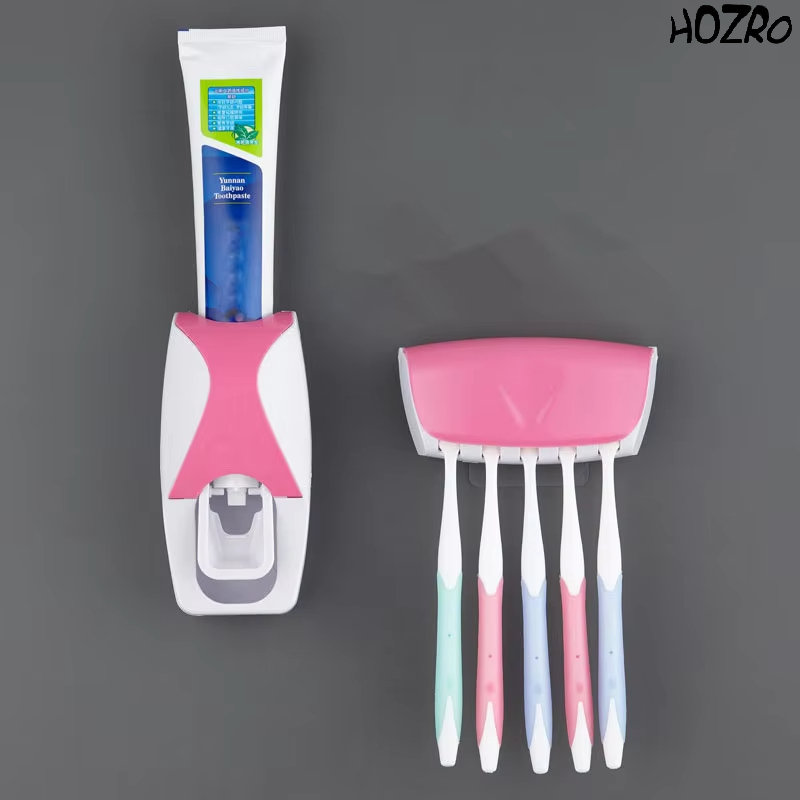Dispenser Automat de Pastă de Dinți HOZRO, cu Suport pentru Periuțe și Montare pe Perete – Set Igienic pentru Baie, Dozator Pasta + Suport Periuțe, Design Modern și Antipraf HOZRO