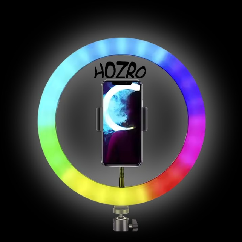 Lampa circulara Ring Light HOZRO, diametru 26cm/10" cu lumina RGB, lumina multicolora, conectare USB, reglaj intensitate, suport telefon, Perfectă pentru Orice Situație HOZRO