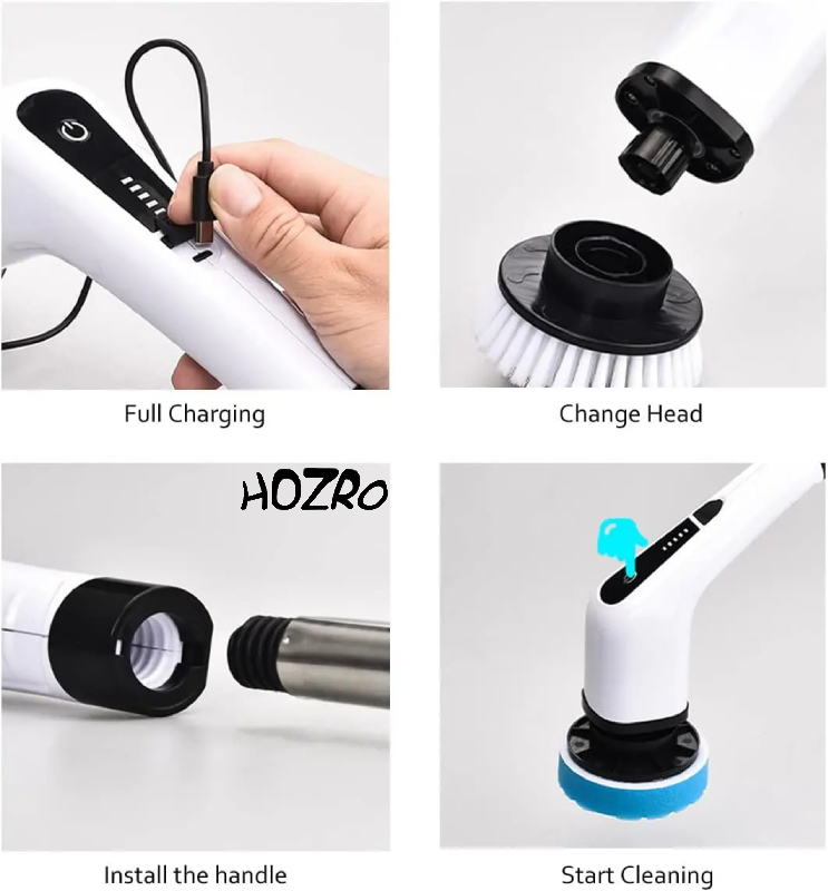 Perie electrica rotativa HOZRO, pentru curatare eficienta fara efort, maner extensibil, multifunctionala fara fir, baterie cu incarcare USB tip C, 2500mAh, pentru diverse suprafete, cu 9 capete detasabile HOZRO