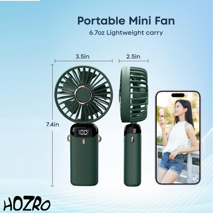 🎁 1+1 GRATIS – Ventilator Portabil HOZRO, 4 în 1 cu Aromaterapie 💨 De Mână, Birou, Gât, LCD, USB, 12h Autonomie, Verde Închis, 4000 mAh HOZRO