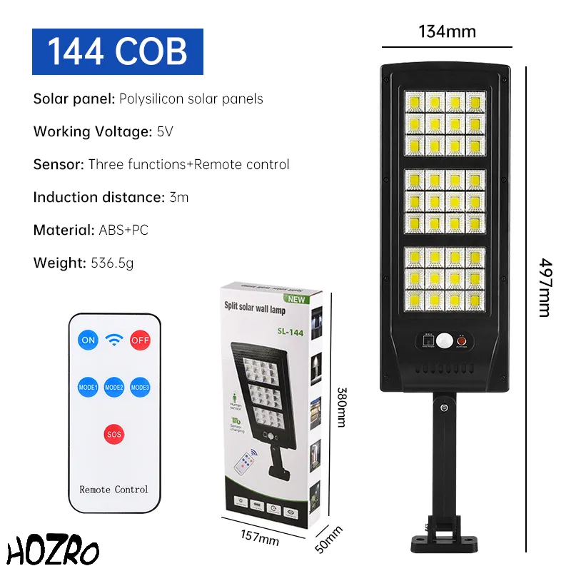 Lampa solara de perete HOZRO. SL-144 COB cu senzor de miscare, telecomanda, incarcare solara, 144 LED-uri super-luminoase, rezistenta la apa, ideala pentru exterior HOZRO