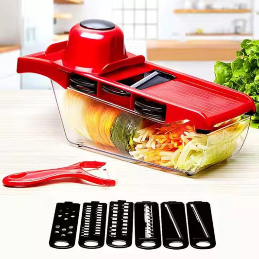 Răzătoare Multifuncțională HOZRO, Nicer Dicer Roșu – Set de Bucătărie cu Lame Ascuțite din Oțel Inoxidabil, Recipient Inclus, Accesorii pentru Tăiere, Felii, Cuburi și Julienne, Ideală pentru Legume, Fructe și Brânzeturi HOZRO
